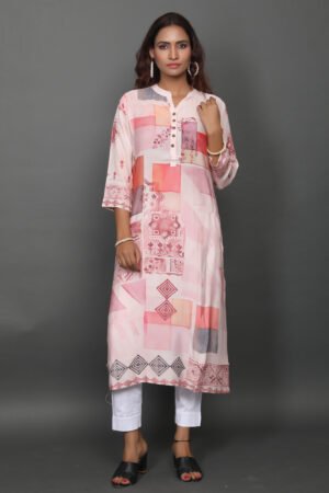 Light Pink Abstract Geometric Patchwork Muslin Silk Kurta