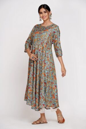 Sea Green Floral Print Flared Muslin Silk Kurta