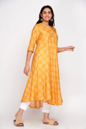 Sunny Yellow Circular Motif Print Flared Muslin Silk Kurta