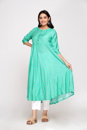 Sea Green Checkered Print Flared Muslin Silk Kurta