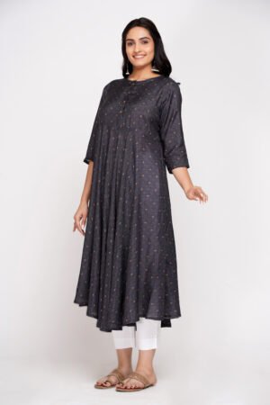 Dark Grey Geometric Print Anarkali Muslin Silk Kurta