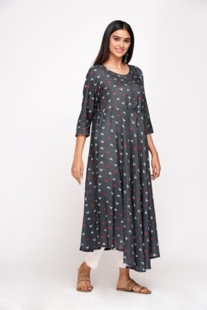 Dark Grey Micro Geometric Print Flared Muslin Silk Kurta
