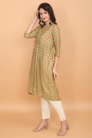 Golden Green Geometric Print Flared Muslin Silk Kurta