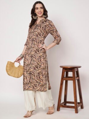 Brown Abstract Swirl Print Muslin Silk Kurta with HandWork