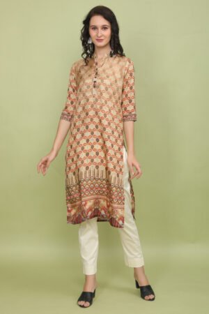 Golden Geometric Print Muslin Silk Kurta with Border Detail