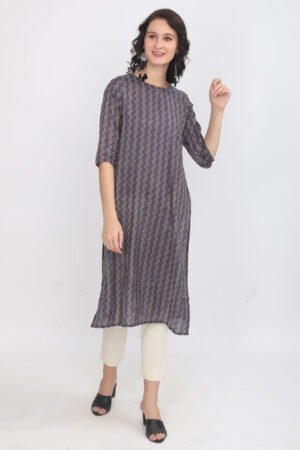 Navy & Golden Wavy Chevron Print Muslin Silk Kurta