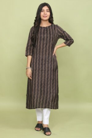 Black & Golden Vertical Stripe Print Muslin Silk Kurta