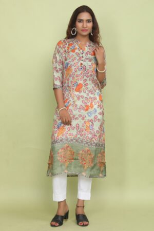 Pista Green Floral Print Muslin Silk Kurta with Border Detail