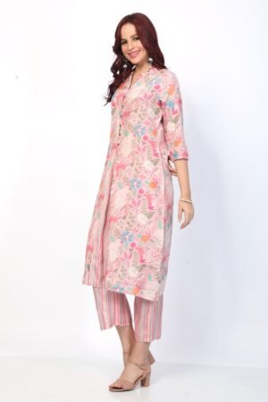 Pink Floral Print Muslin Silk Kurta Set with Striped Pants