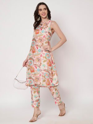Light Peach Floral Print Sleeveless Muslin Silk Kurta Set