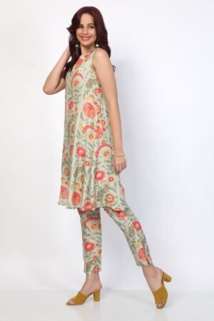 Mint Green Floral Print Sleeveless Muslin Silk Kurta Set