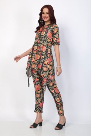Black Floral Print Asymmetric Muslin Silk Co-ord Set
