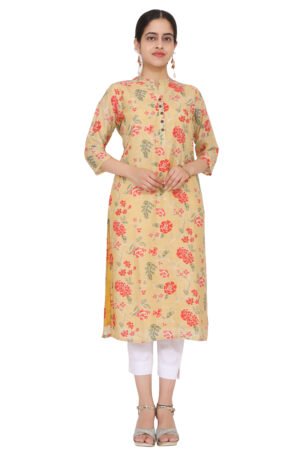 Soft Yellow Floral Print Linen Silk Kurta with Inner Lining
