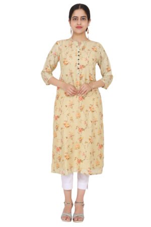 Pale Yellow & Peach Floral Print Linen Silk Kurta with Inner Lining