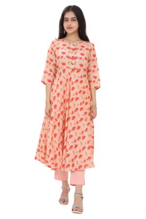 Peach Floral Print Flared Linen Silk Kurta