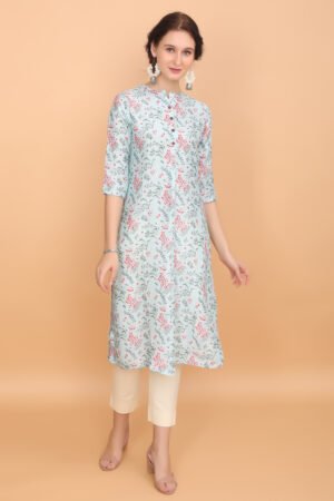 Light Blue Floral Print Linen Silk Kurta