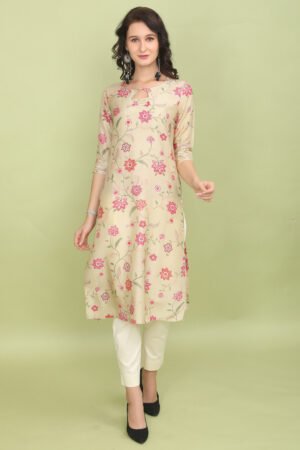Yellow Floral Print Linen Silk Kurta with Keyhole Neck