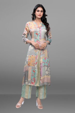 Grey Multi Patchwork Print Linen Silk Kurta Pant Set