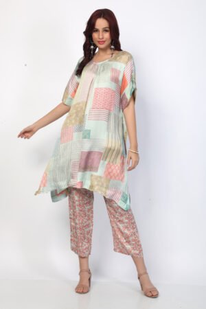 Multicolor Pastel Patchwork Kaftan Linen Silk Co-ord Se