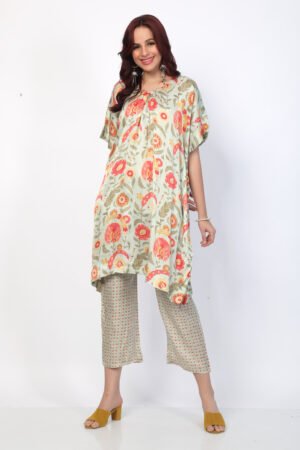 Mint Green Floral Kaftan Linen Silk Co-ord Set