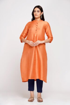 Orange Solid Tusser Silk Kurta with Button Detail