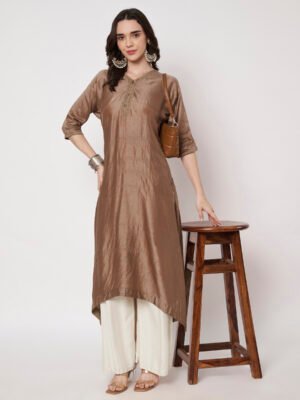 Coffee Brown Raw Silk Kurta with Hand-Embroidered Neckline