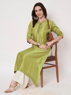 Parrot Green Raw Silk Kurta with Hand-Embroidered Neckline
