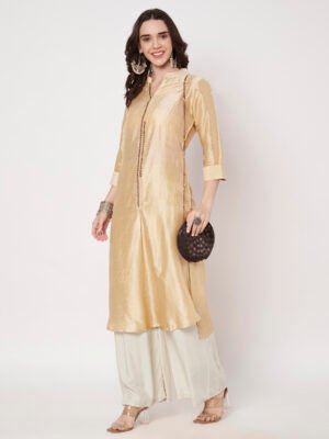 Ivory Raw Silk Kurta with Hand-Embroidered Placket