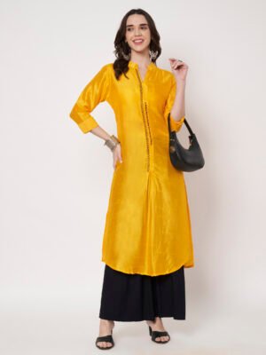 Yellow Raw Silk Kurta with Hand-Embroidered Placket