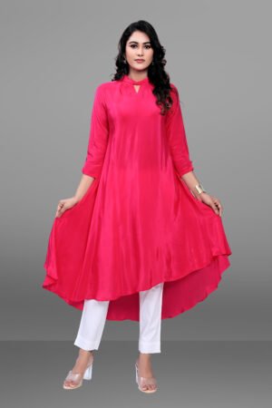 Hot Pink Solid Natural Crepe Flared Kurta