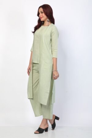Mint Green Solid Linen Blend 3-Piece Jacket & Pant Set