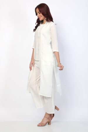 White Solid Linen Blend 3-Piece Jacket & Pant Set (Cop