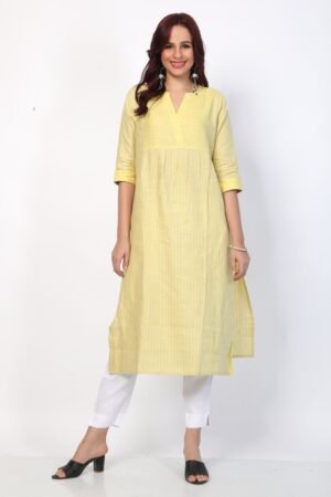 Lemon Yellow Striped Linen Kurta