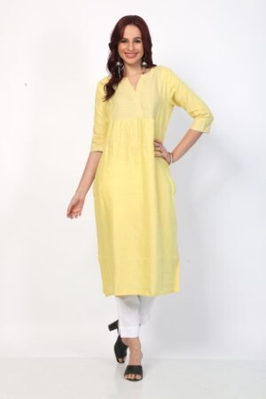 Lemon Yellow Linen Kurta with Striped Yoke