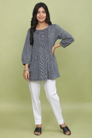 Blue Striped Knitted Denim Tunic with Pleated Yoke