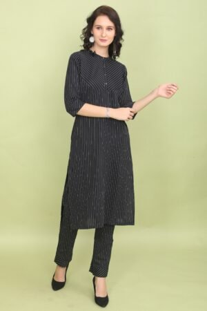 Navy Blue With Green Stripe Knitted Denim Kurti Pant Set