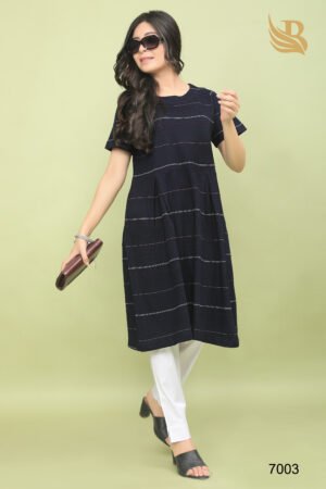 Navy Blue & Red Striped Knitted Denim A-Line Tunic