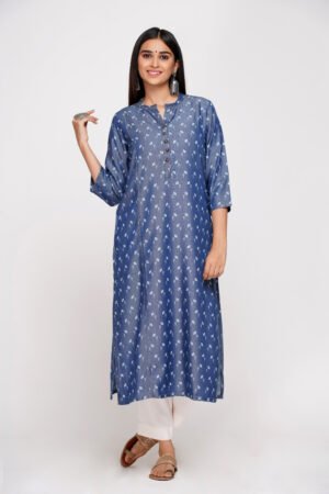 Blue Floral Print Soft Denim Kurta