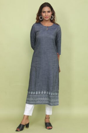 Dark Grey Soft Denim Kurta with Printed Hem Border