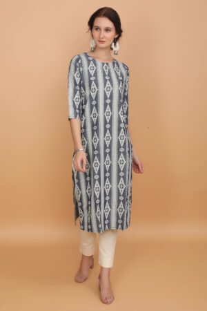 Dark Grey Vertical Striped Print Soft Denim Kurta