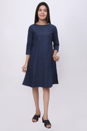 Solid Blue Soft Denim A-Line Dress