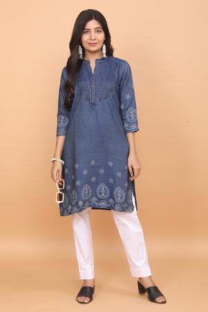Blue Pin-Tuck Detail Floral Print Soft Denim Kurta