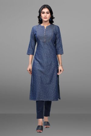 Indigo Blue Pin-Tuck Detail Micro Print Soft Denim Kurta