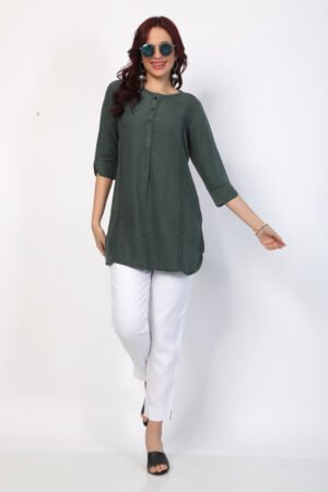 Green Solid Soft Denim Tunic with Pin-Tuck Detail