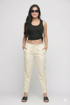 Cream Pre Washed Cotton Stretch Narrow Pant-Half Elastic