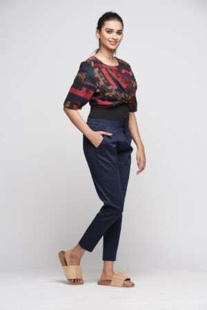 Navy Pre Washed Cotton Stretch Narrow Pant-Half Elastic