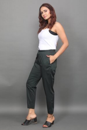 Bottle Green Pre Washed Cotton Stretch Darted Narrow Pant-Half Elastic