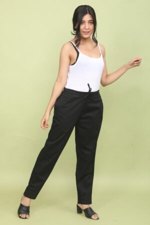 Black Pre Washed Cotton Stretch Darted Narrow Pant-Half Elastic