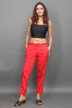 Red Pre Washed Cotton Stretch Darted Narrow Pant-Half Elastic