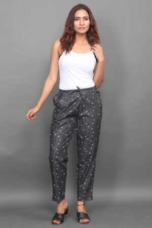 Black Tan Pre-Washed Denim Discharge Print Pants – Half Elastic